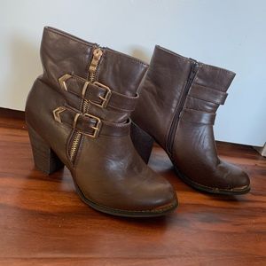 reddish leather high heel boots